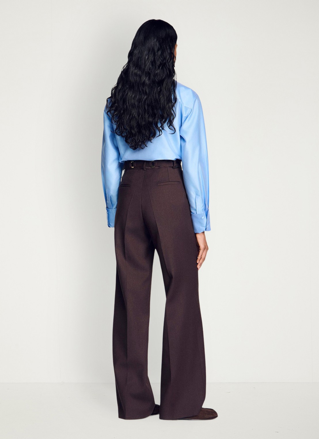Sandro High waist wide fit pantalon in wolblend met ceintuur - achterkant 3 lichtbruin