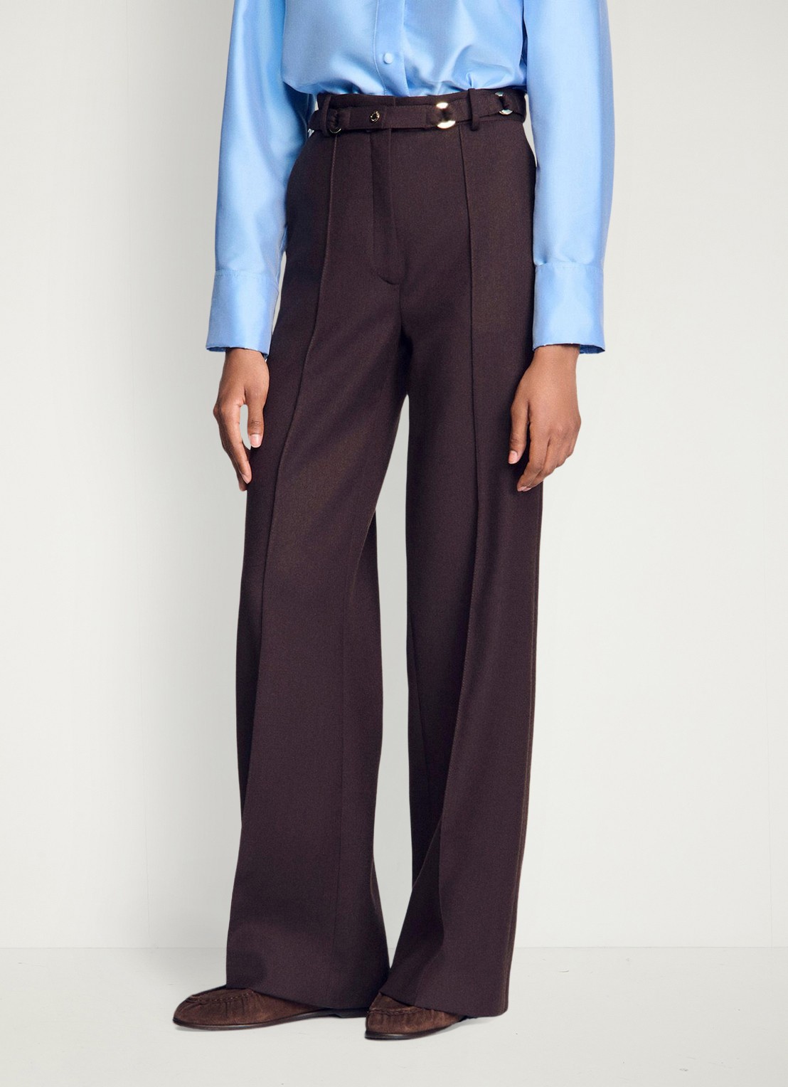 Sandro High waist wide fit pantalon in wolblend met ceintuur - detail 4 lichtbruin