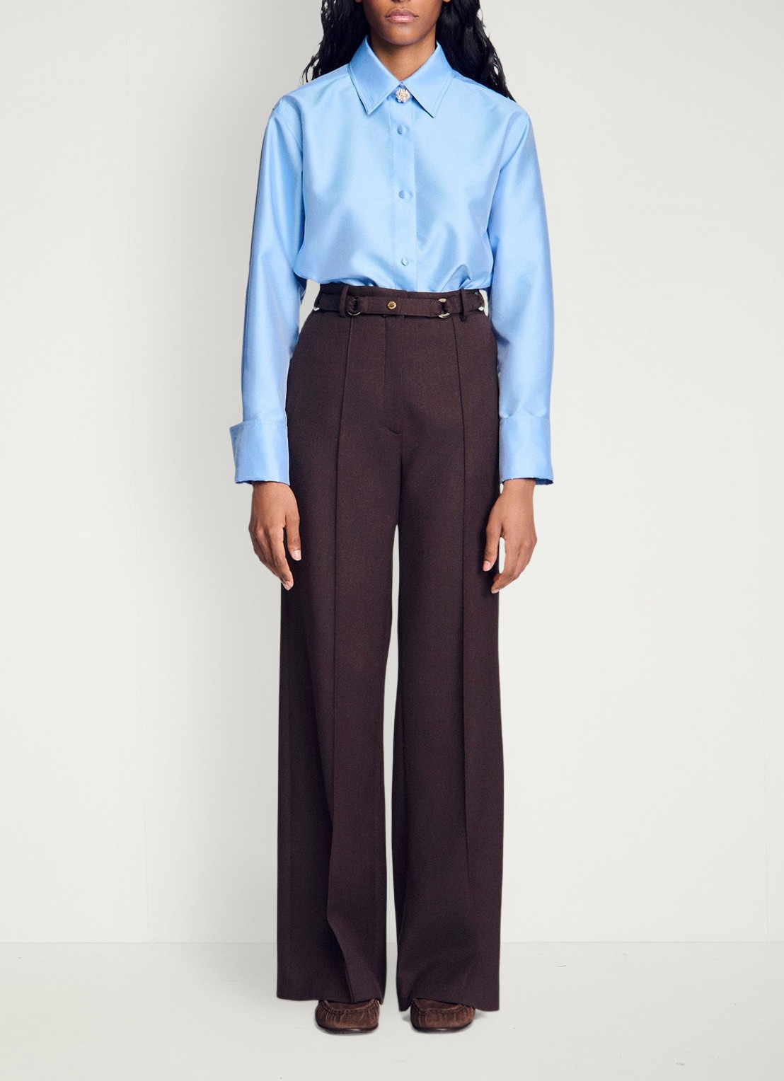 Sandro High waist wide fit pantalon in wolblend met ceintuur - detail 5 lichtbruin