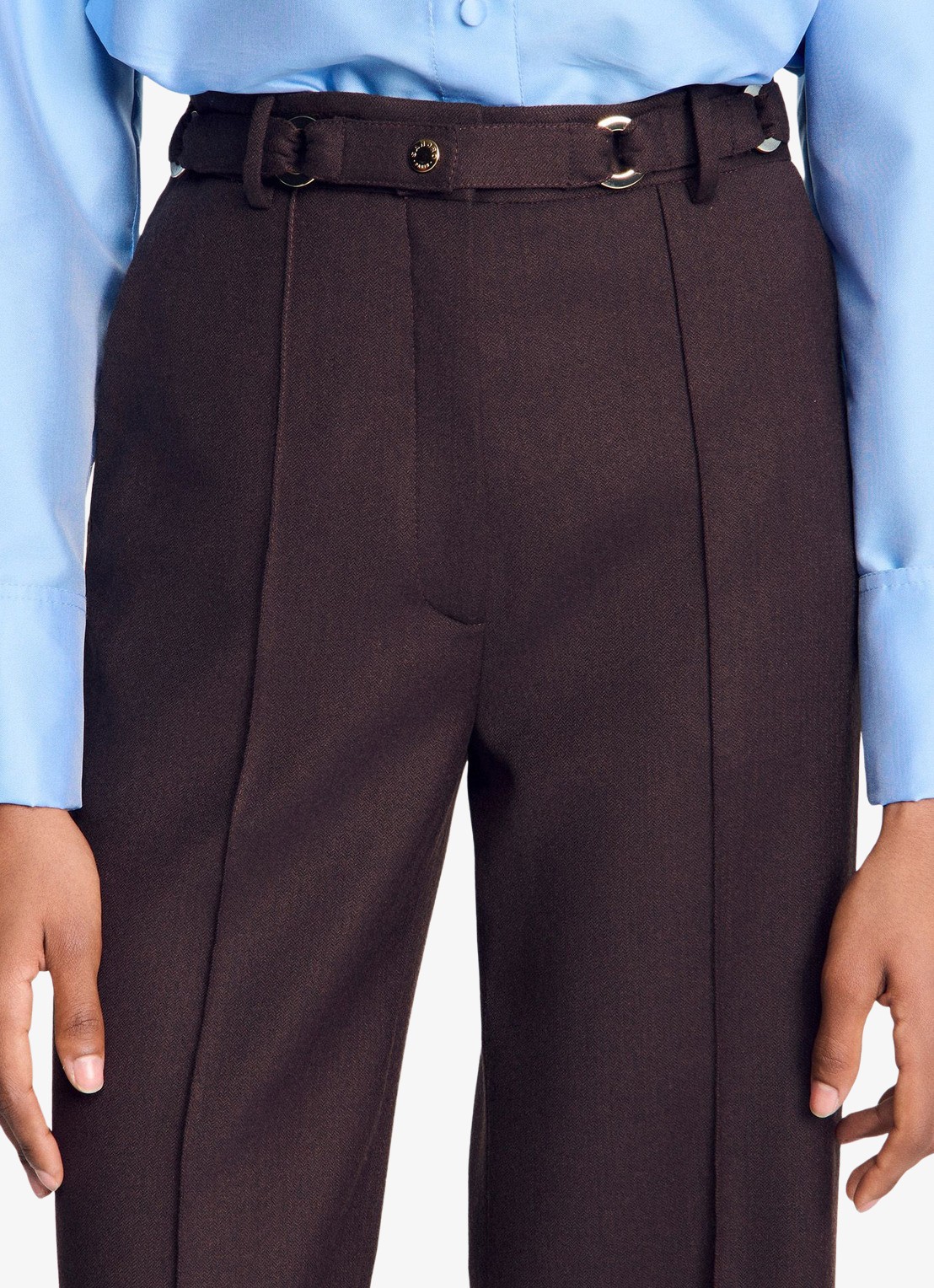 Sandro High waist wide fit pantalon in wolblend met ceintuur - detail 6 lichtbruin
