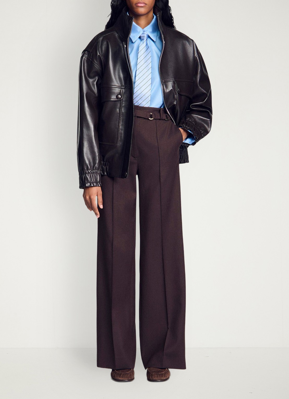 Sandro High waist wide fit pantalon in wolblend met ceintuur - detail 7 lichtbruin