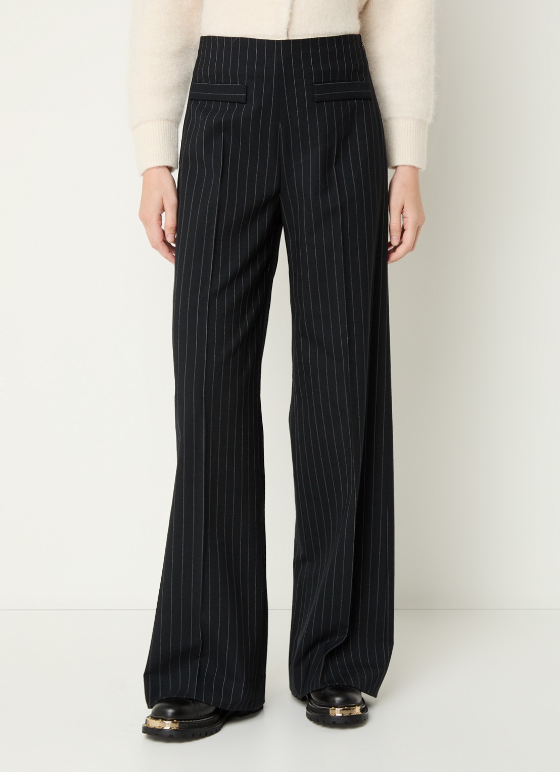 Sandro High waist wide fit pantalon in wolblend met krijtstreep - detail 3 zwart