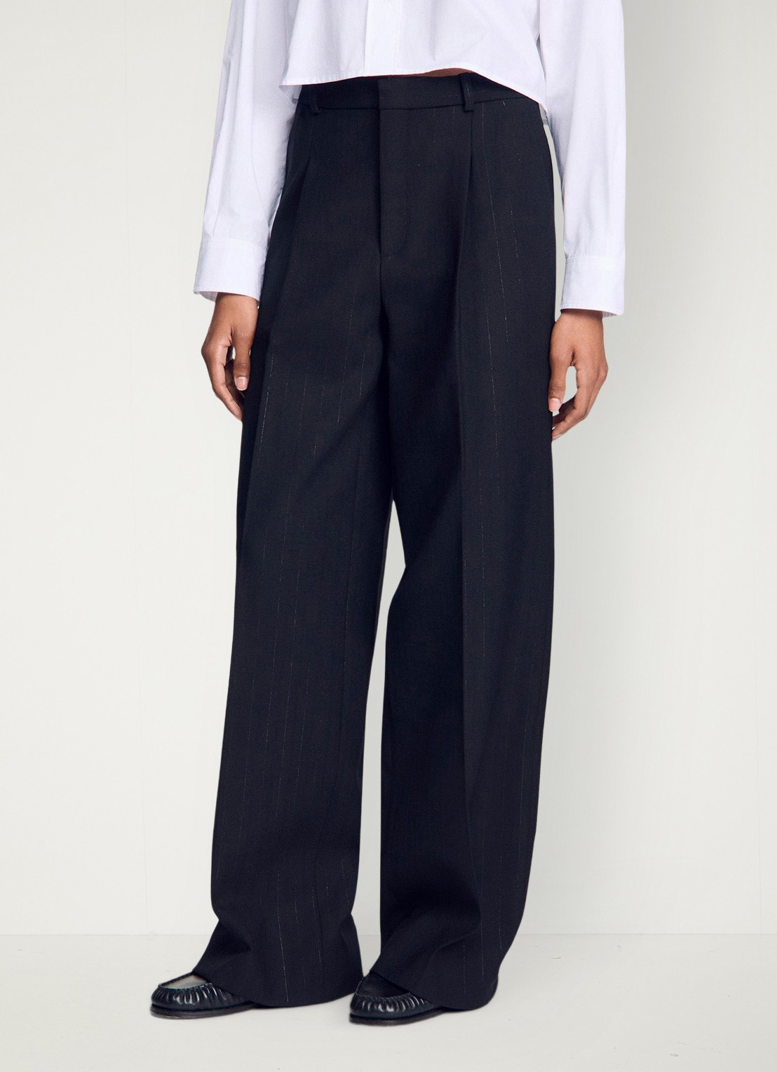 Sandro High waist wide fit pantalon in wolblend met krijtstreep - detail 2 zwart