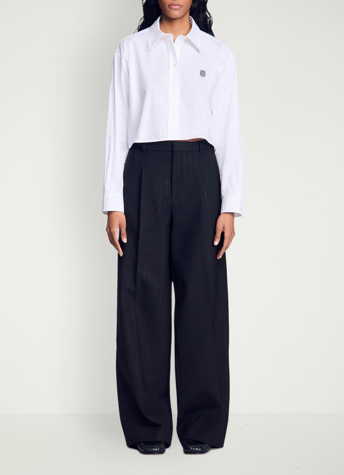 Sandro High waist wide fit pantalon in wolblend met krijtstreep - detail 3 zwart