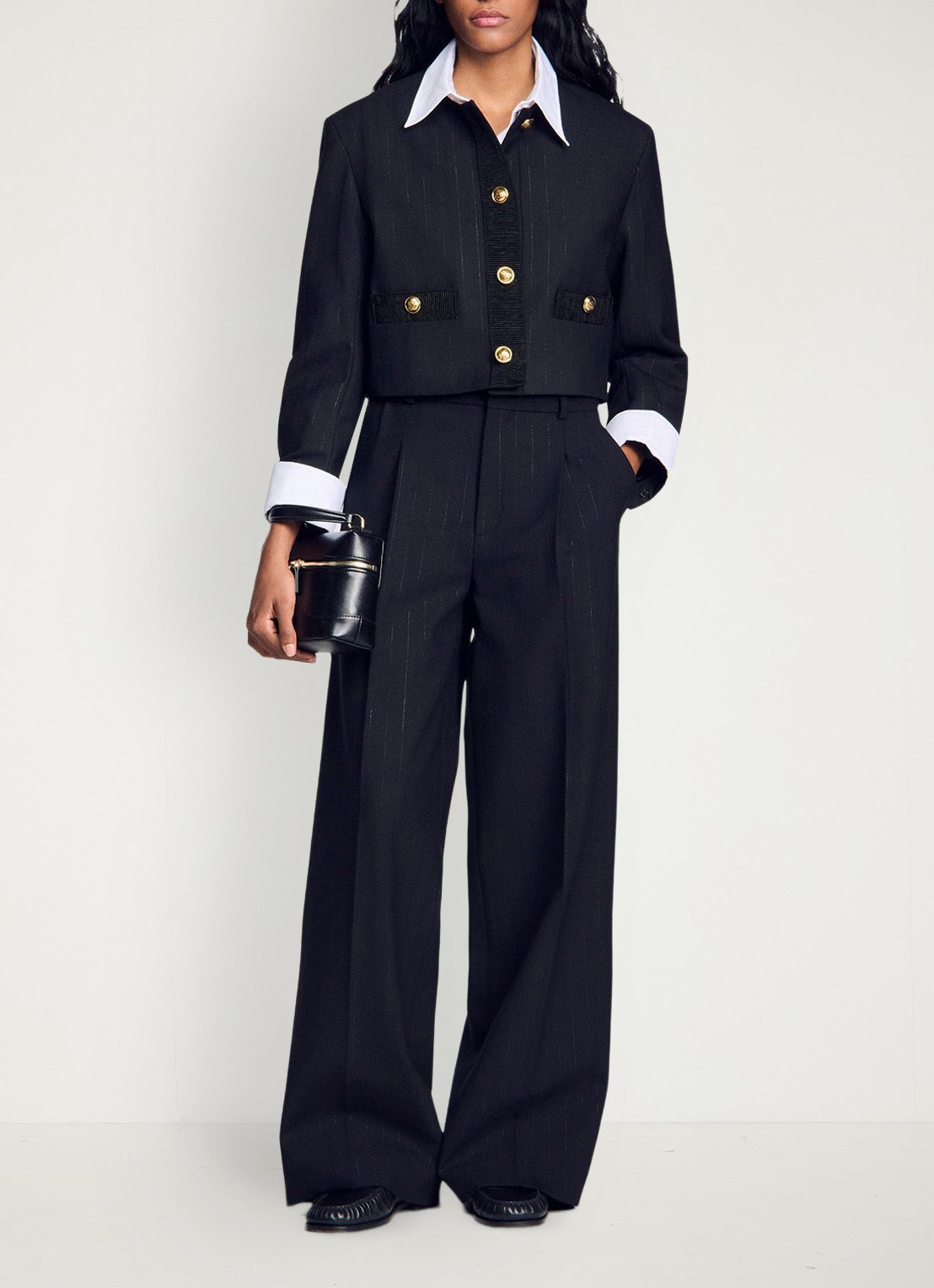 Sandro High waist wide fit pantalon in wolblend met krijtstreep - voorkant 6 zwart