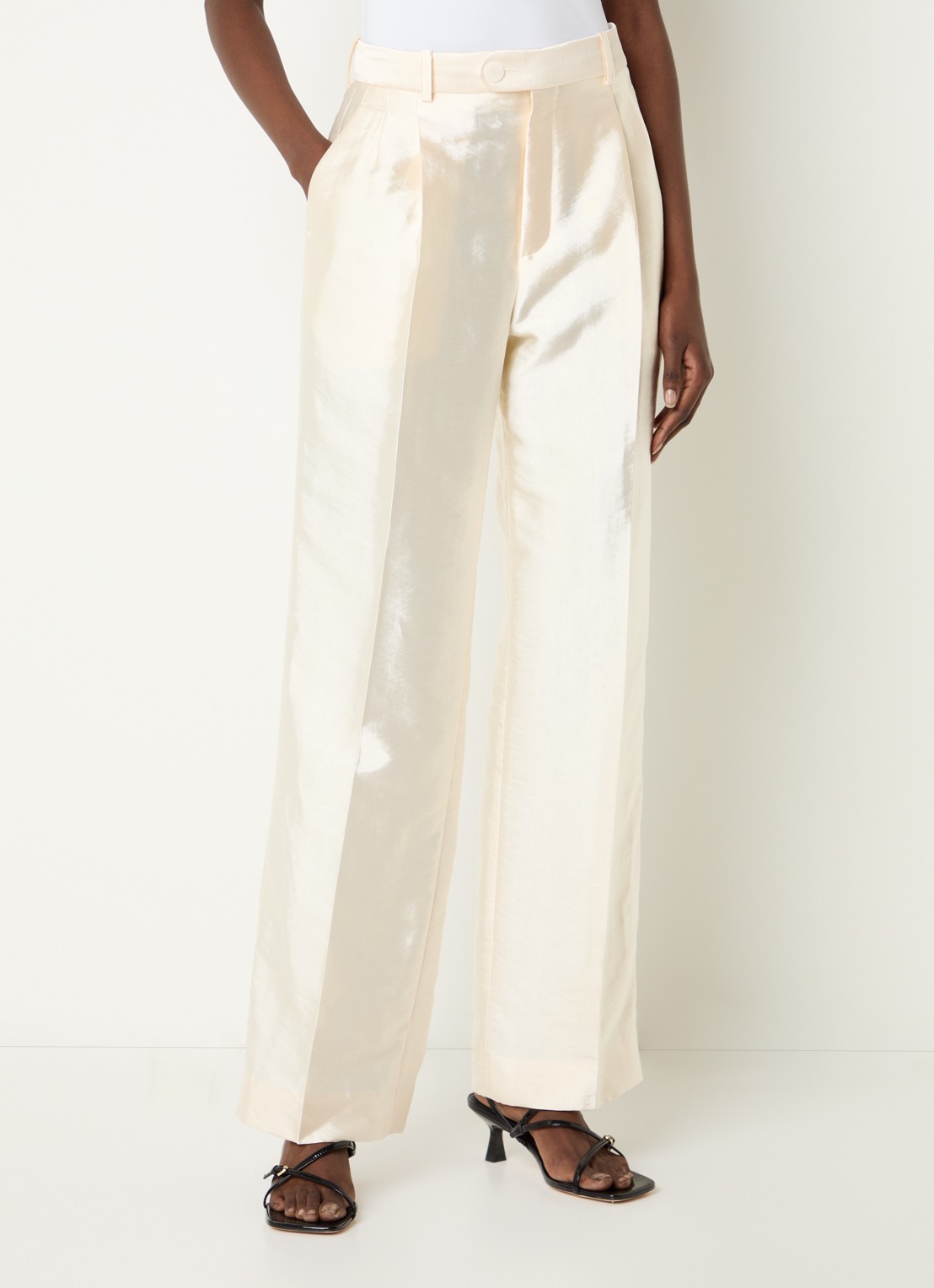 Sandro High waist wide fit pantalon met glanzende finish - detail 4 ivoor