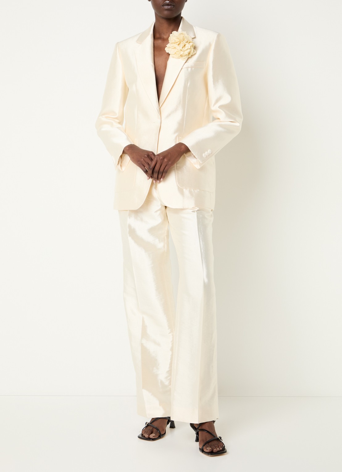 Sandro High waist wide fit pantalon met glanzende finish - voorkant 3 ivoor