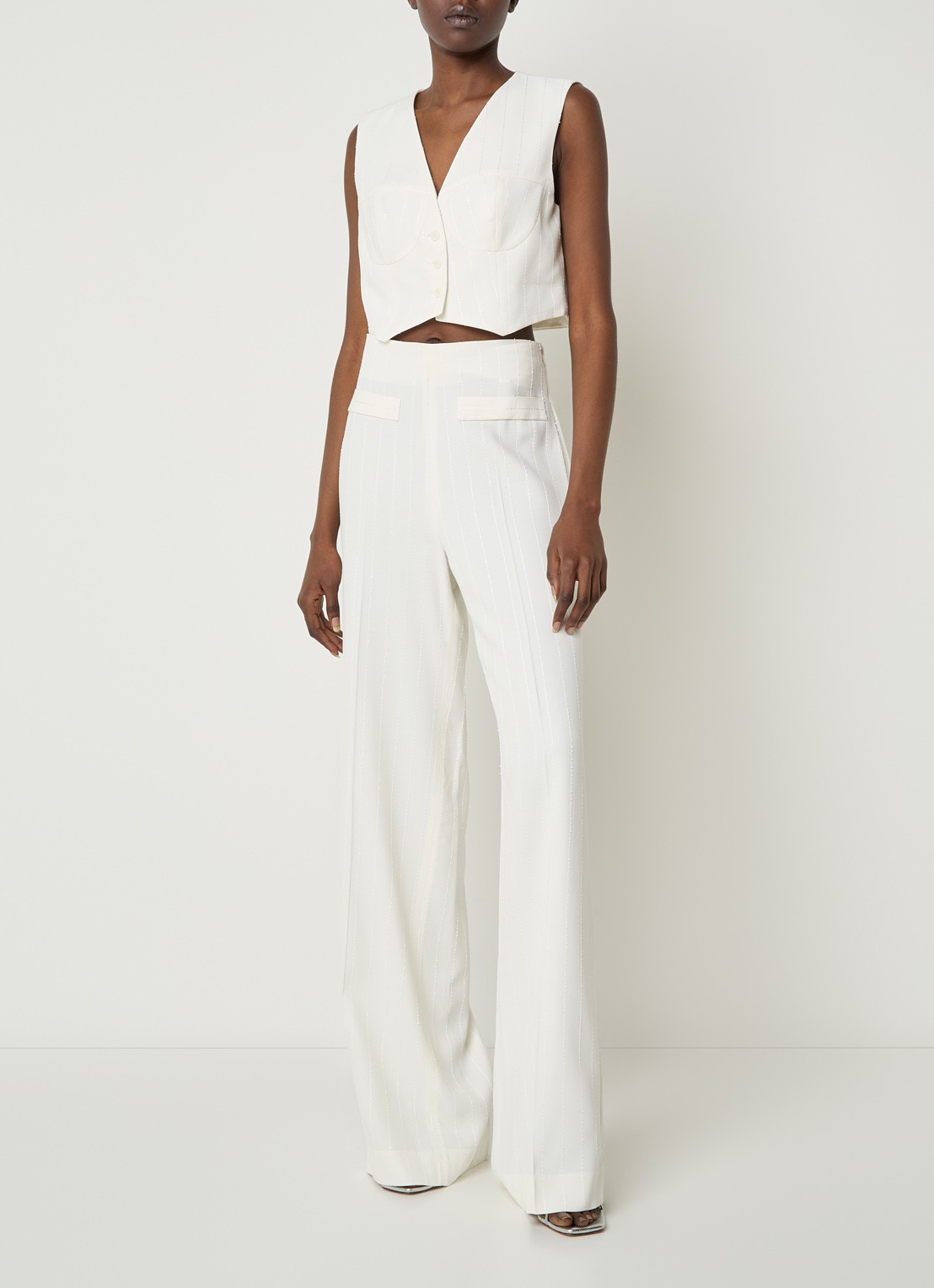 Sandro High waist wide fit pantalon met pailletten - voorkant 3 gebroken wit