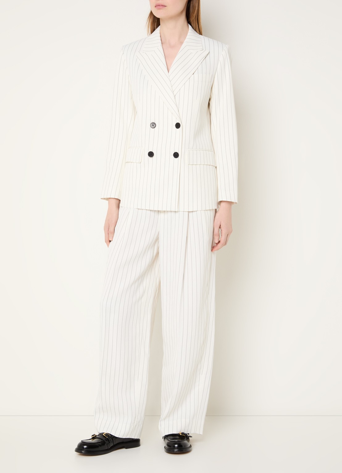 Sandro High waist wide fit pantalon met streepprint - voorkant 3 gebroken wit