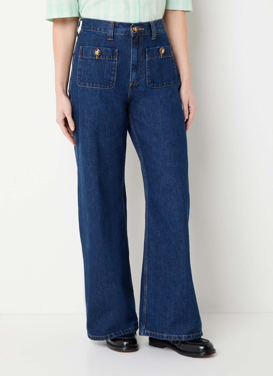 Sandro High waist wide leg jeans met donkere wassing - detail 4 donkerblauw