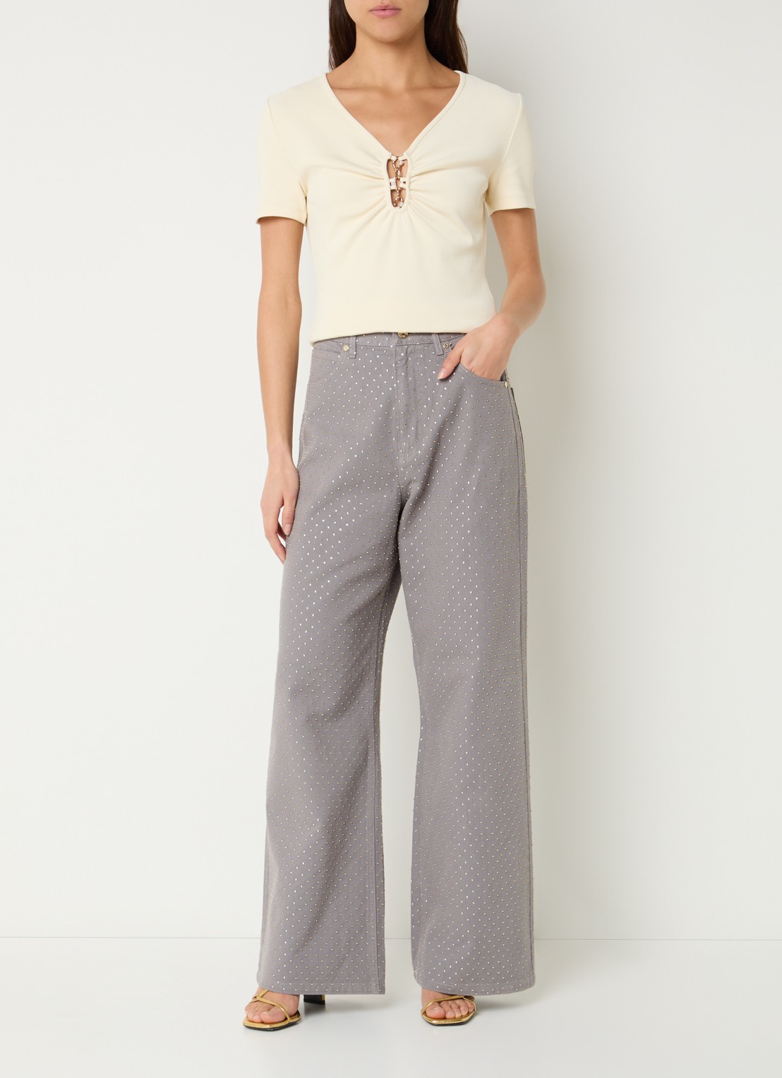Sandro High waist wide leg jeans met gekleurde wassing en strass - voorkant 3 grijs