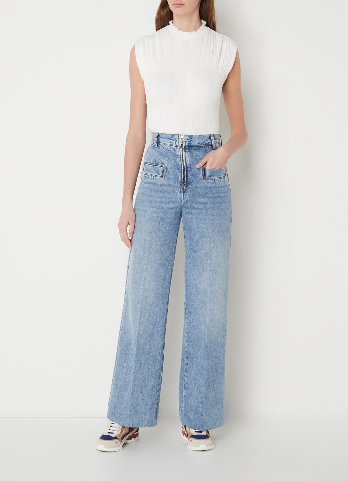 Sandro High waist wide leg jeans met lichte wassing - voorkant 4 indigo