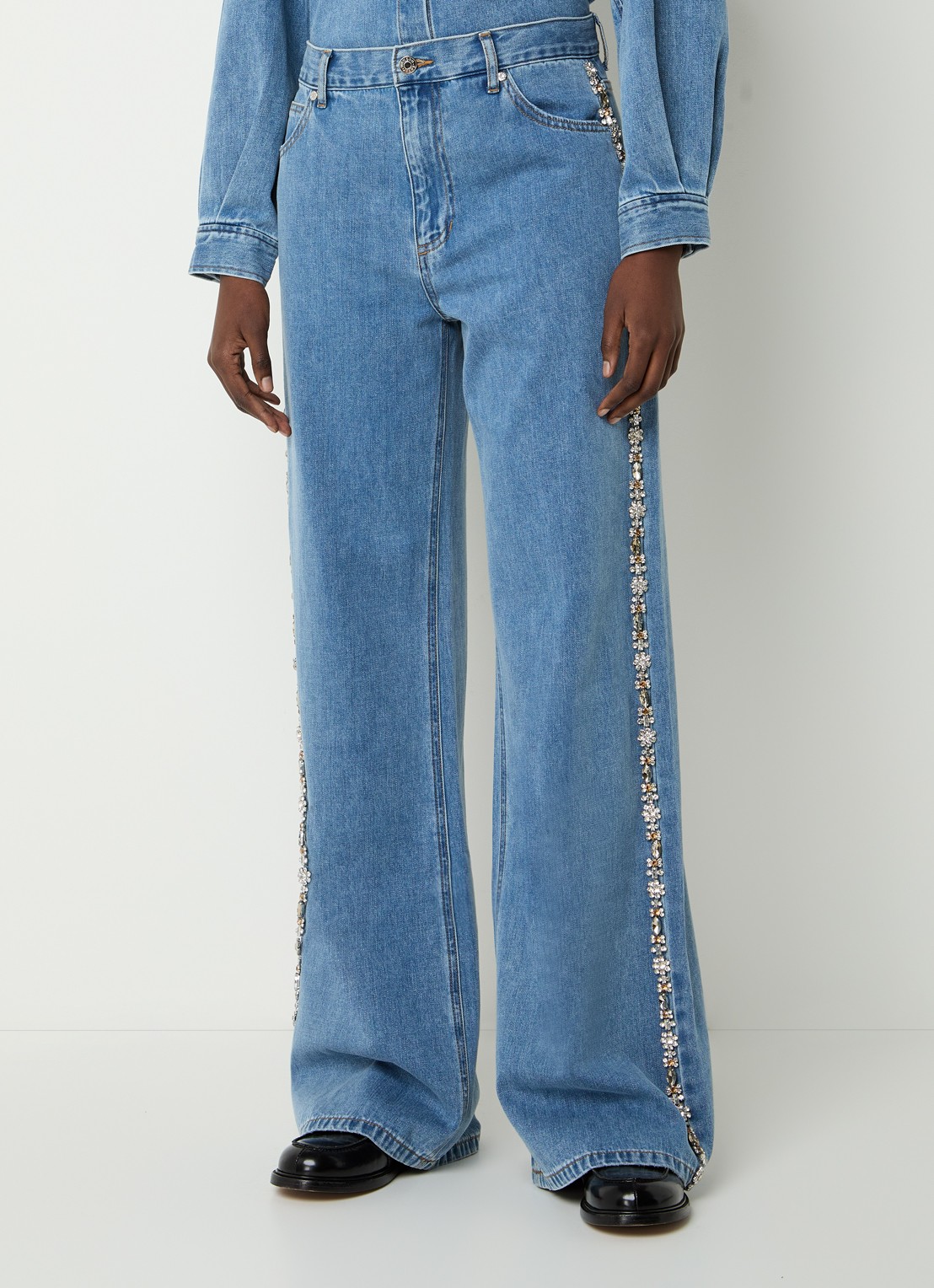 Sandro High waist wide leg jeans met medium wassing en strass - detail indigo