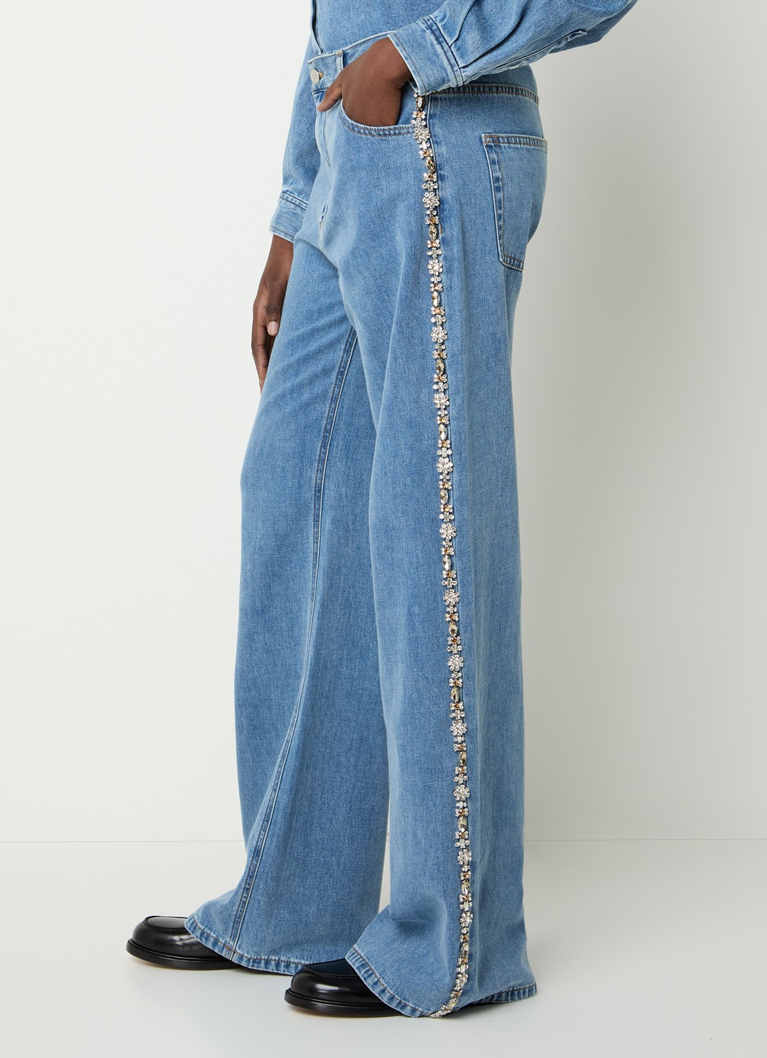 Sandro High waist wide leg jeans met medium wassing en strass - detail 2 indigo