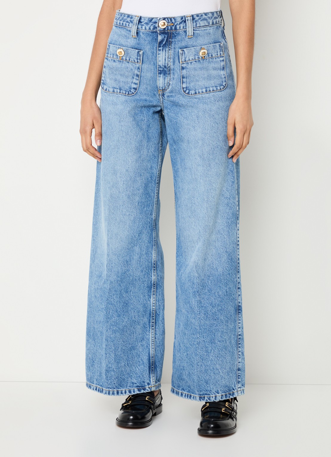 Sandro High waist wide leg jeans met medium wassing - detail 4 indigo