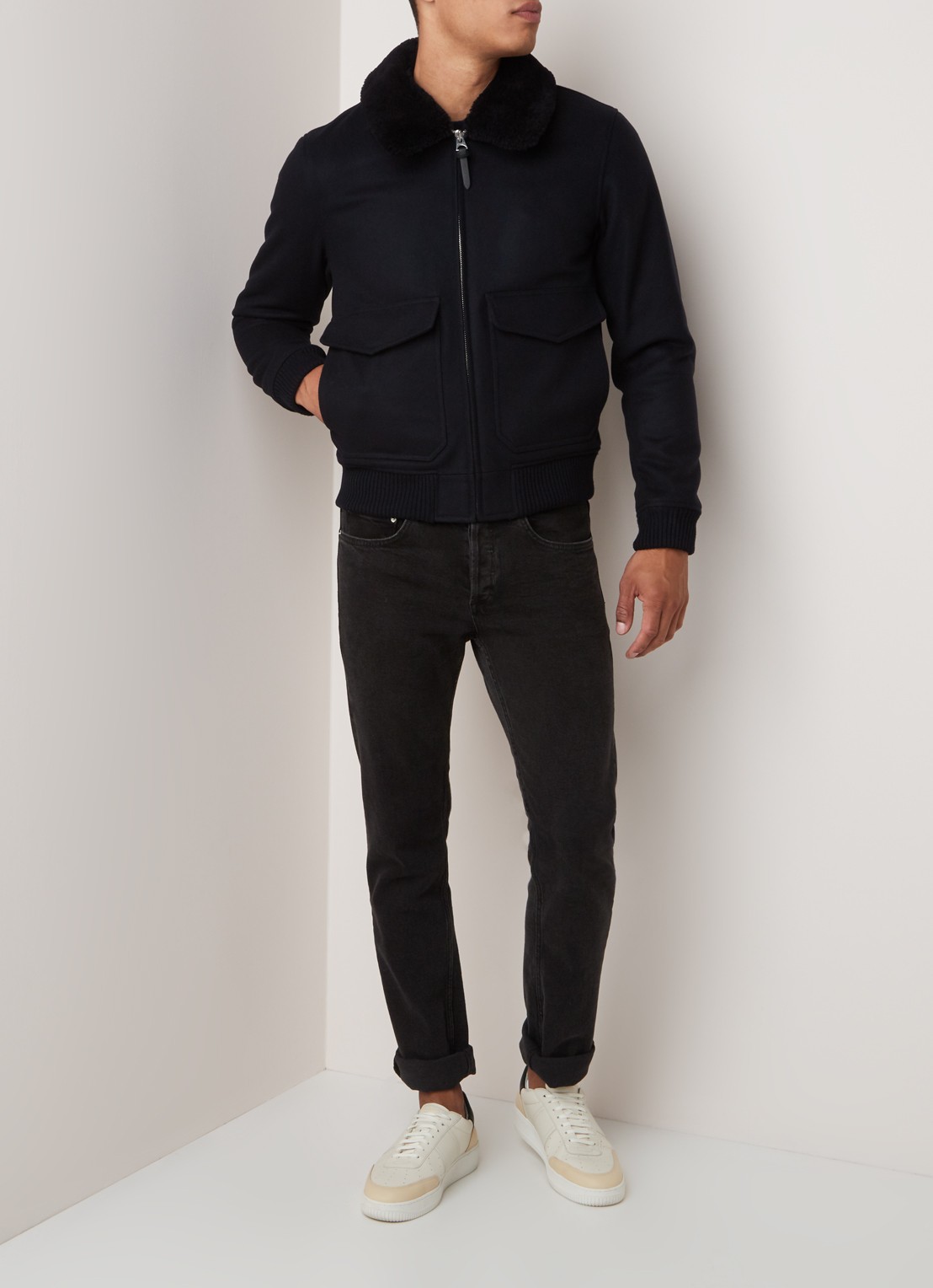 Sandro Jack in wolblend met afneembare teddy kraag - voorkant 2 donkerblauw