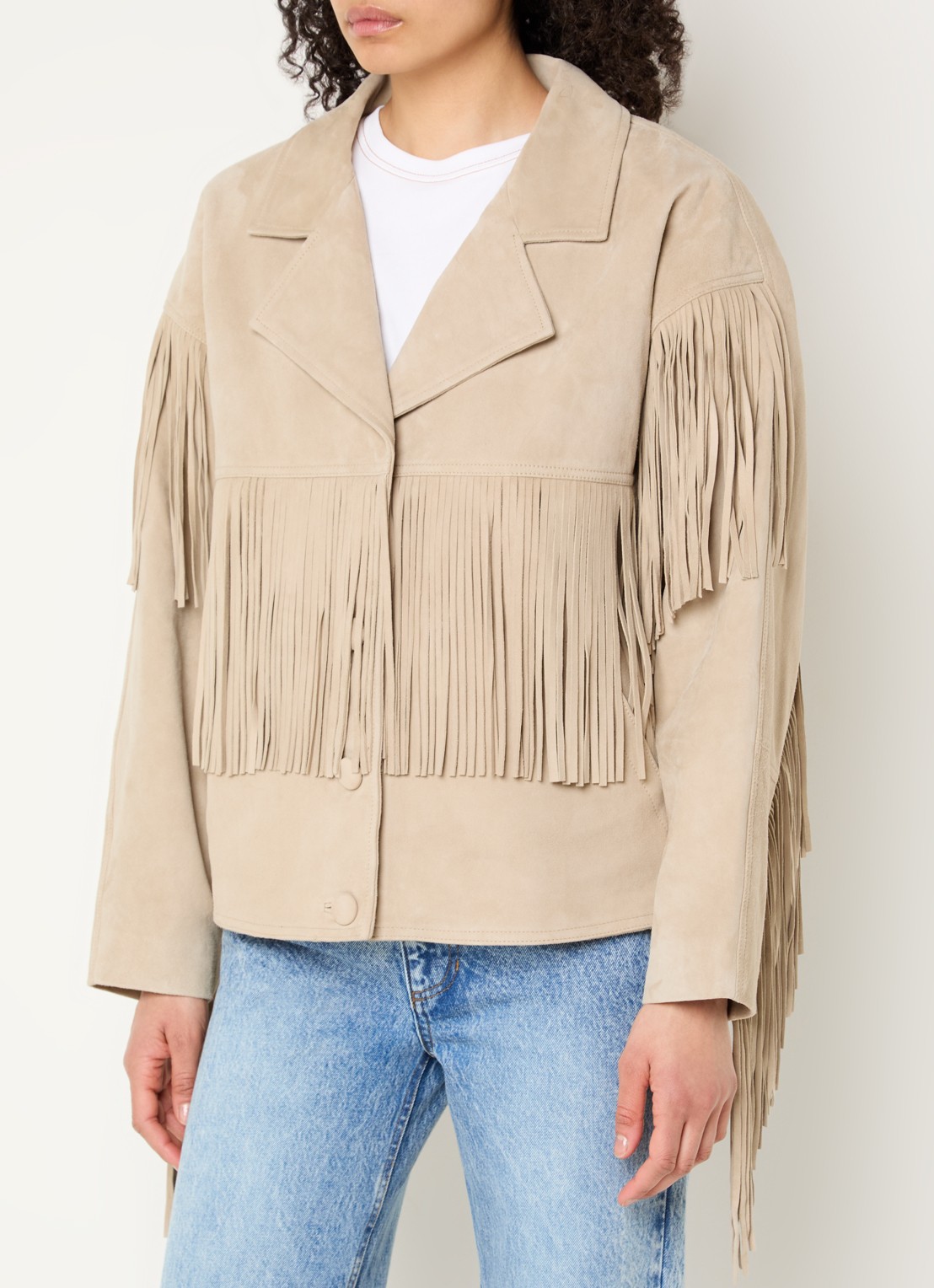 Sandro Jack van geitensuède met franjes  - detail beige