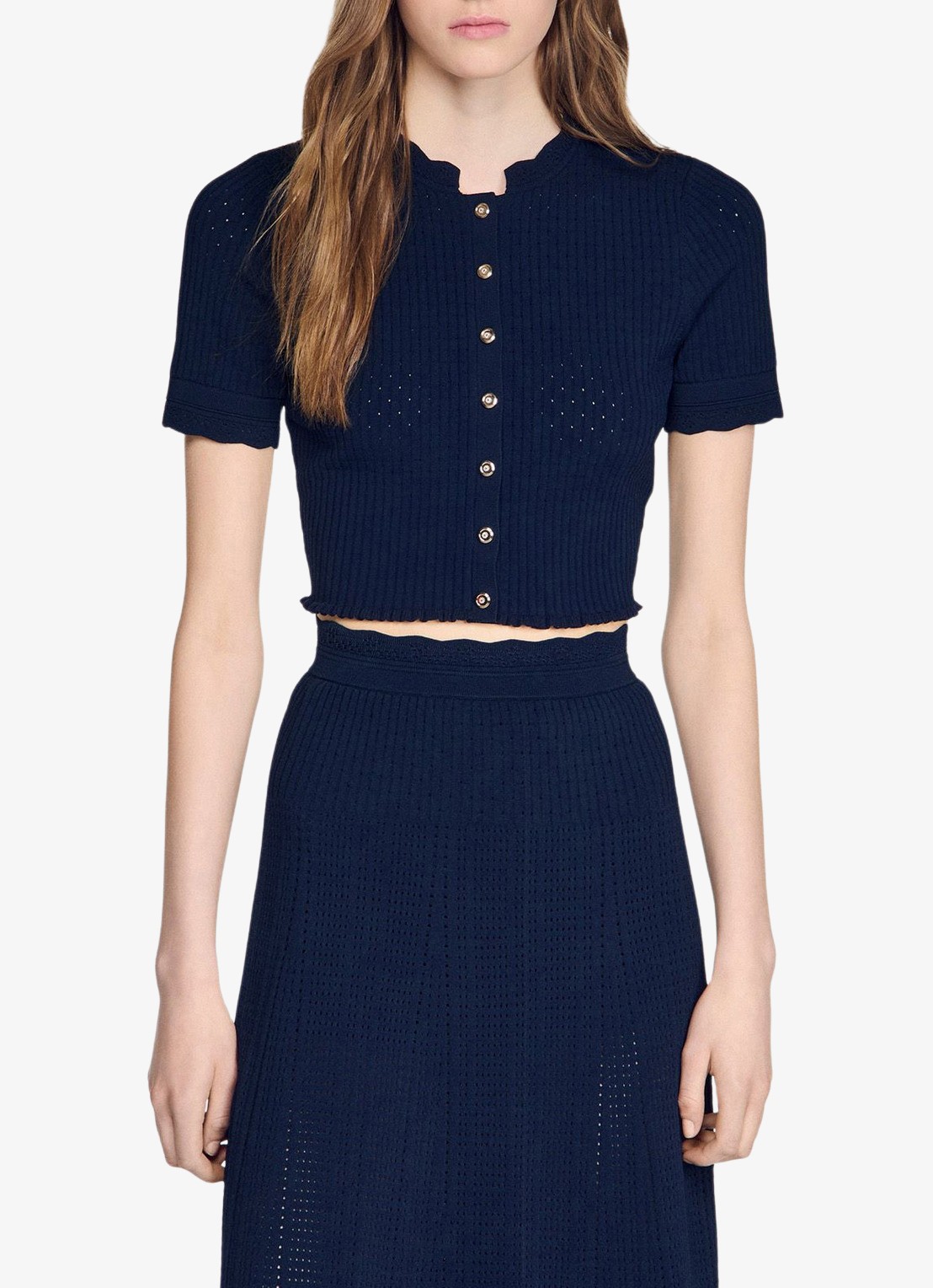 Sandro Kort gebreid vest met pointelle-details - detail donkerblauw