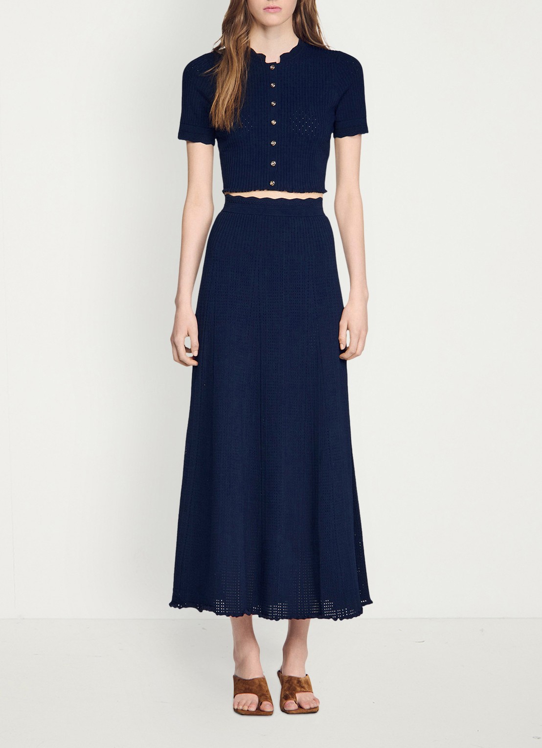 Sandro Kort gebreid vest met pointelle-details - detail 2 donkerblauw