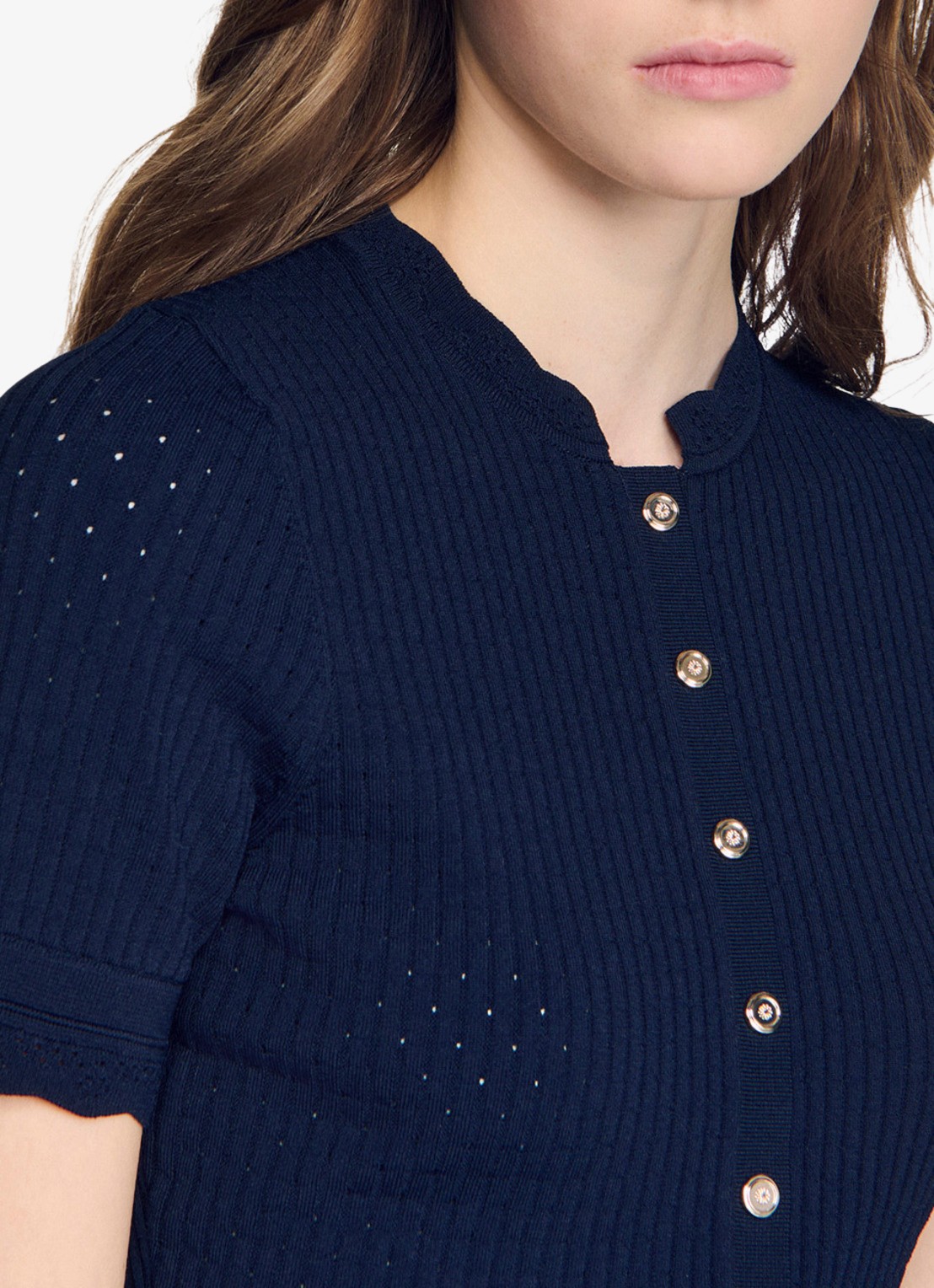 Sandro Kort gebreid vest met pointelle-details - detail 3 donkerblauw
