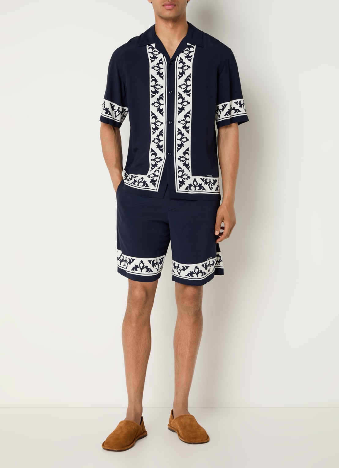 Sandro Loose fit korte broek met print - voorkant 4 donkerblauw