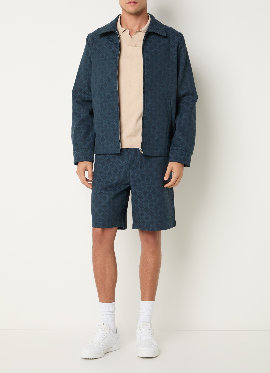 Sandro Loose fit korte broek van denim met ruit dessin - voorkant 3 petrol