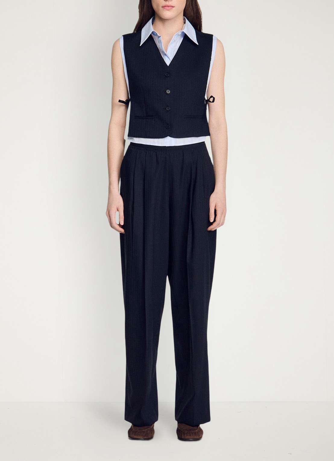 Sandro Loose fit pantalon met steekzakken en krijtstreep - detail 6 donkerblauw