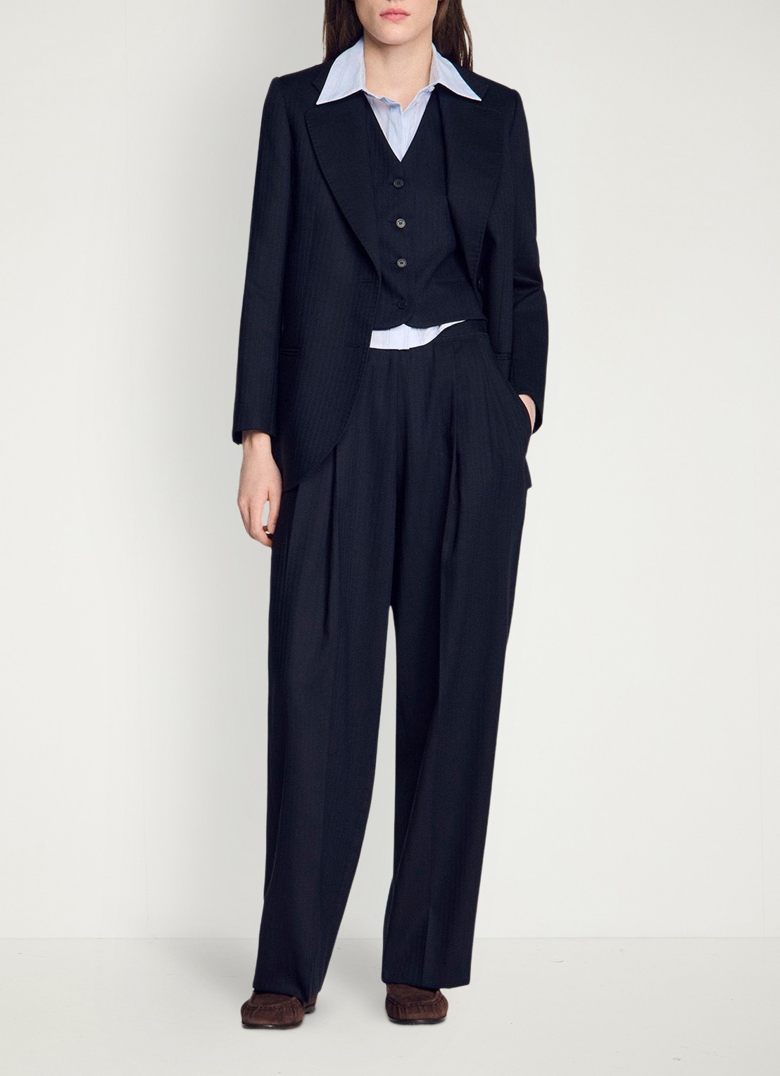 Sandro Loose fit pantalon met steekzakken en krijtstreep - voorkant 2 donkerblauw