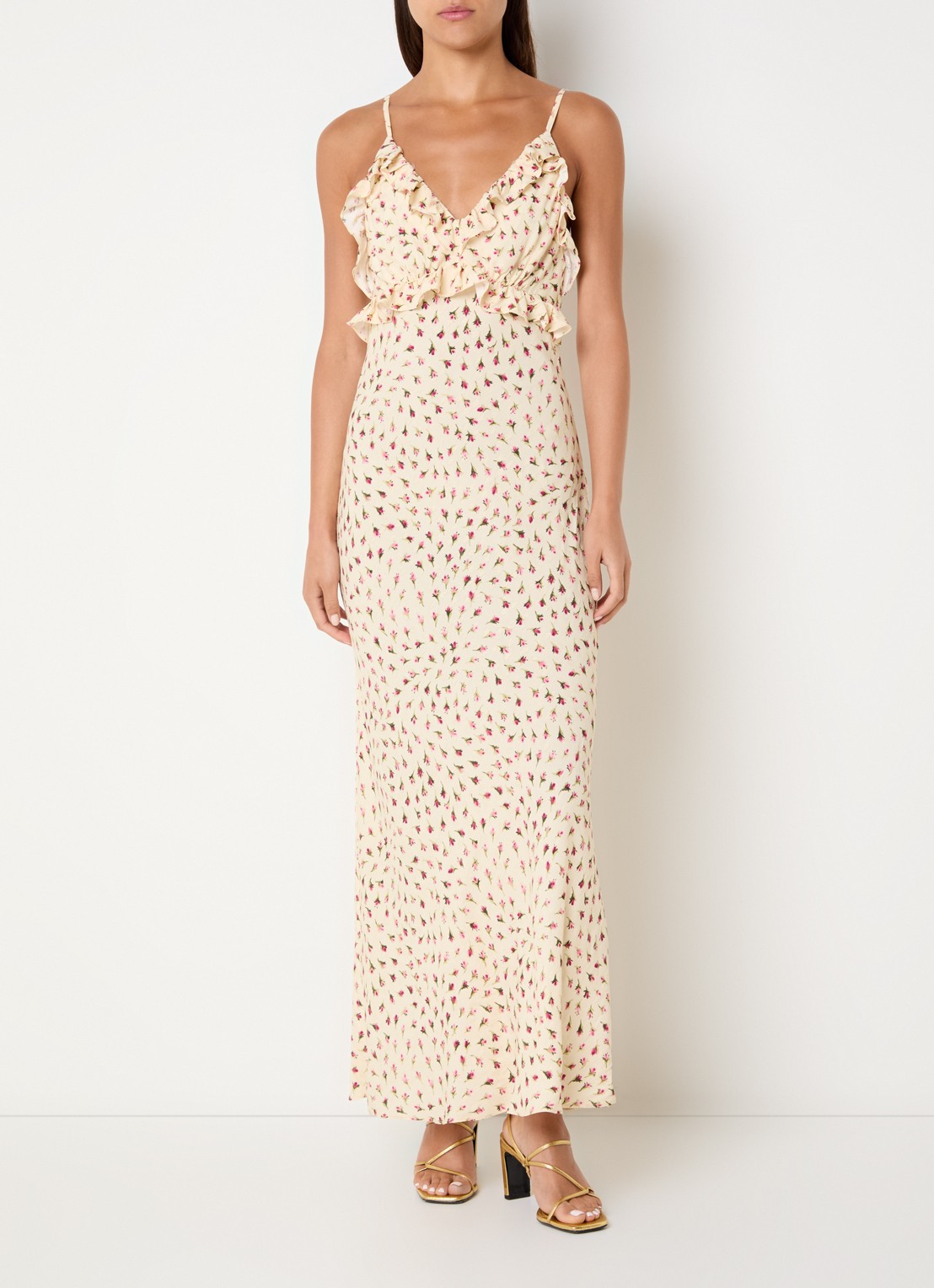 Sandro Maxi jurk met bloemenprint en ruches - detail vanillegeel