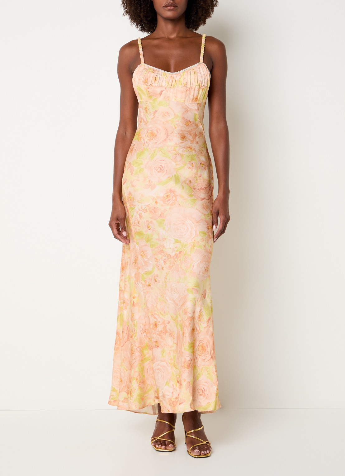 Sandro Maxi jurk met bloemenprint en rugdecolleté - detail 4 abrikoos