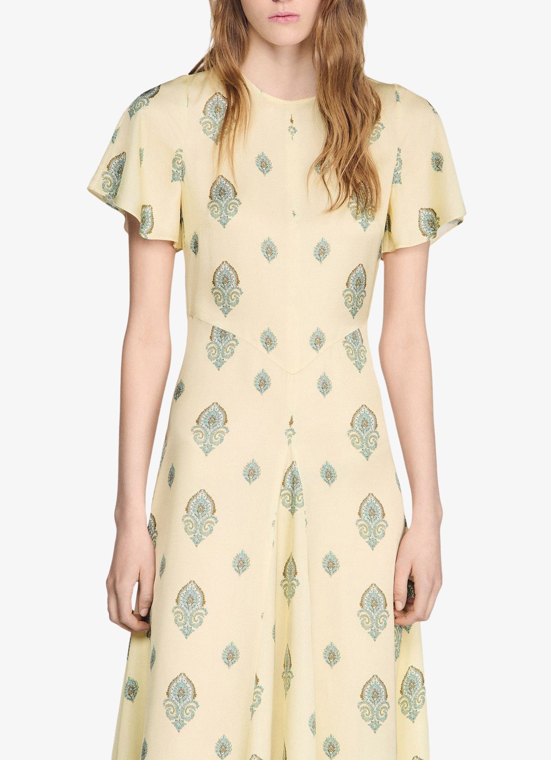 Sandro Maxi jurk met paisley dessin - detail lichtgeel