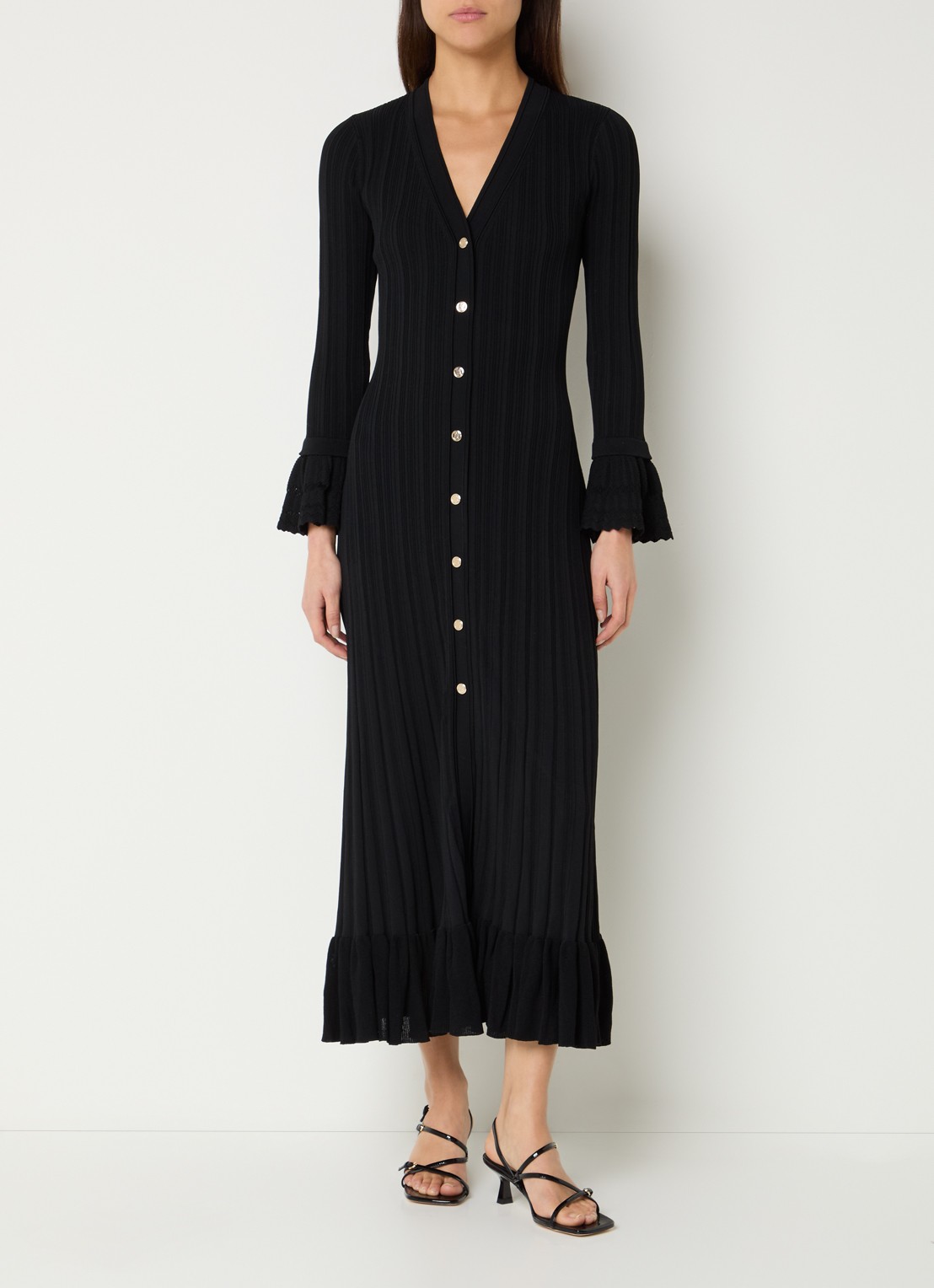 Sandro Maxi jurk met ribstructuur en V-hals - detail 4 zwart