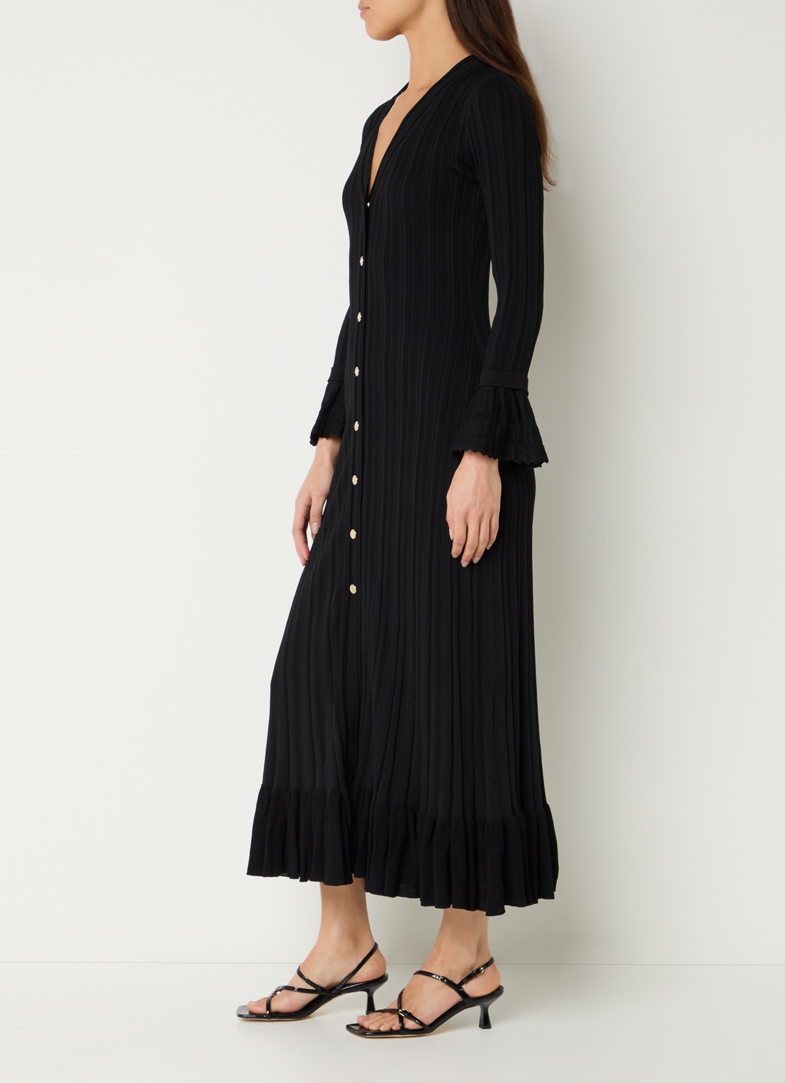 Sandro Maxi jurk met ribstructuur en V-hals - voorkant 3 zwart