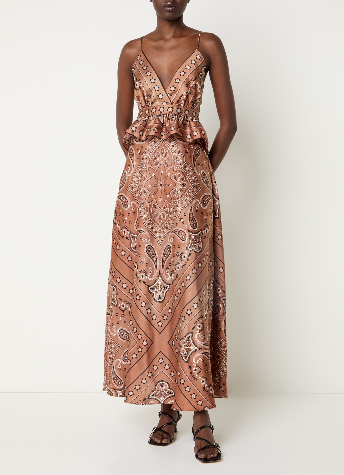 Sandro Maxi jurk van satijn met paisley dessin - detail 4 roestbruin