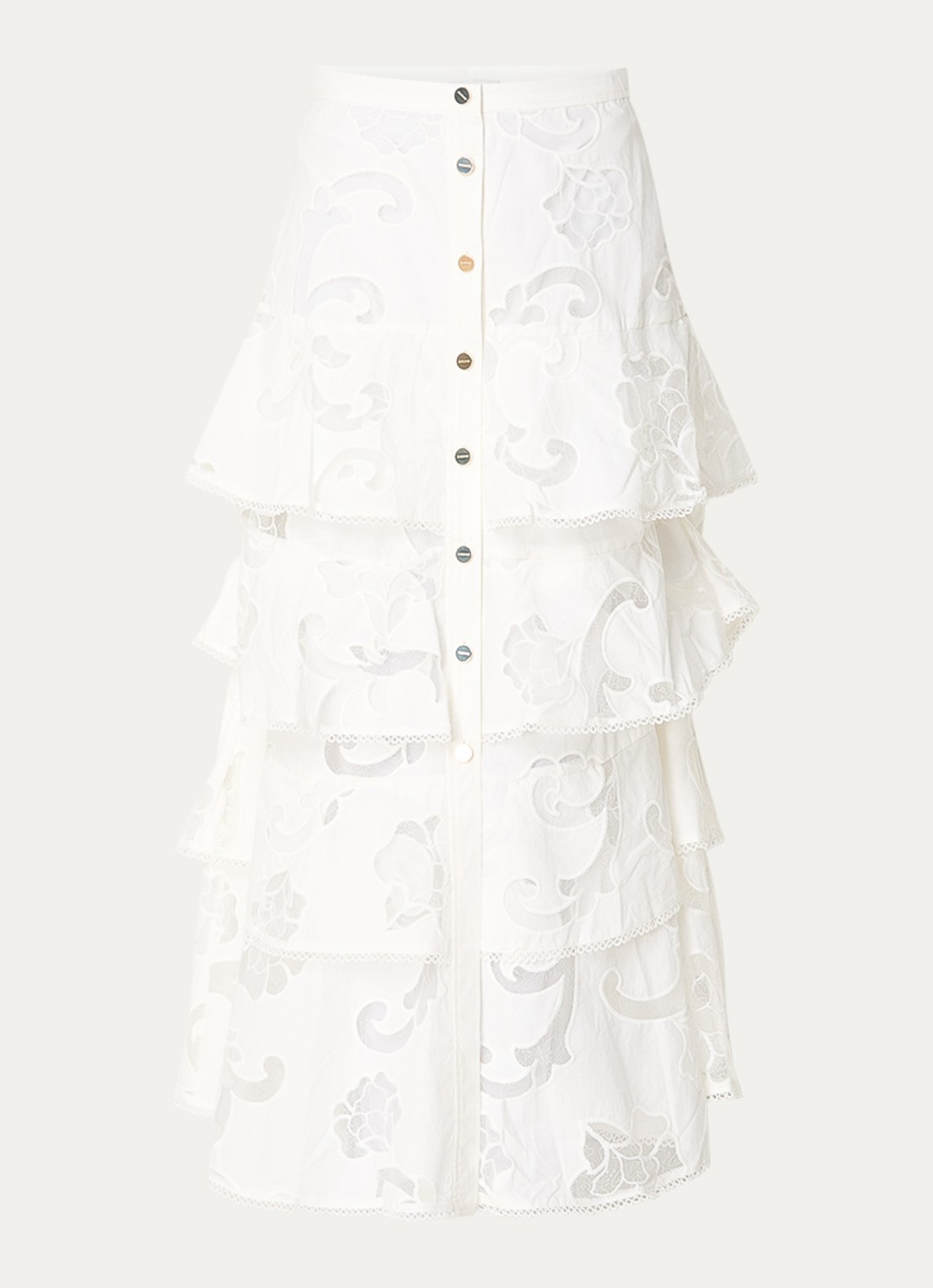 Sandro Maxi rok met broderie en volant - voorkant 3 wit