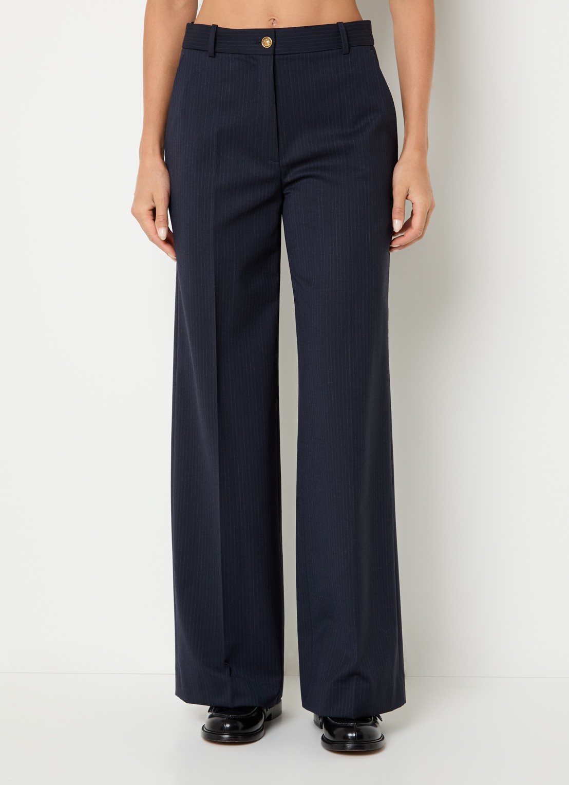 Sandro Mid waist loose fit pantalon in wolblend met streepprint - detail 3 donkerblauw