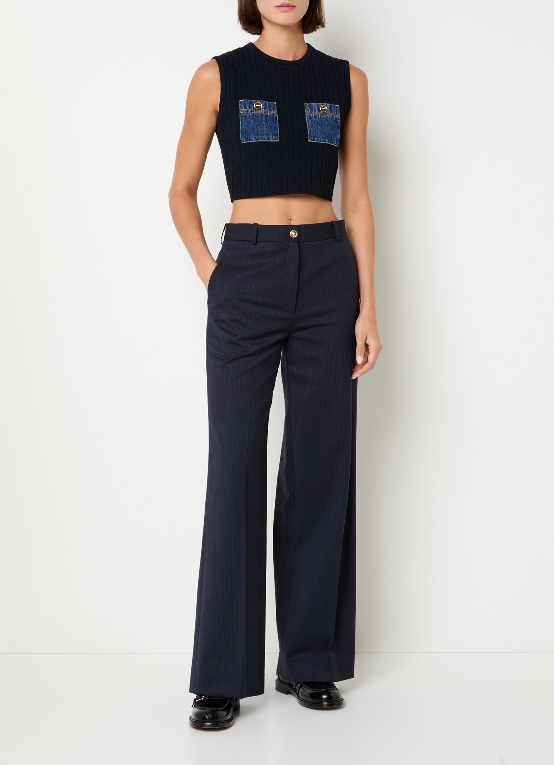Sandro Mid waist loose fit pantalon in wolblend met streepprint - voorkant 2 donkerblauw