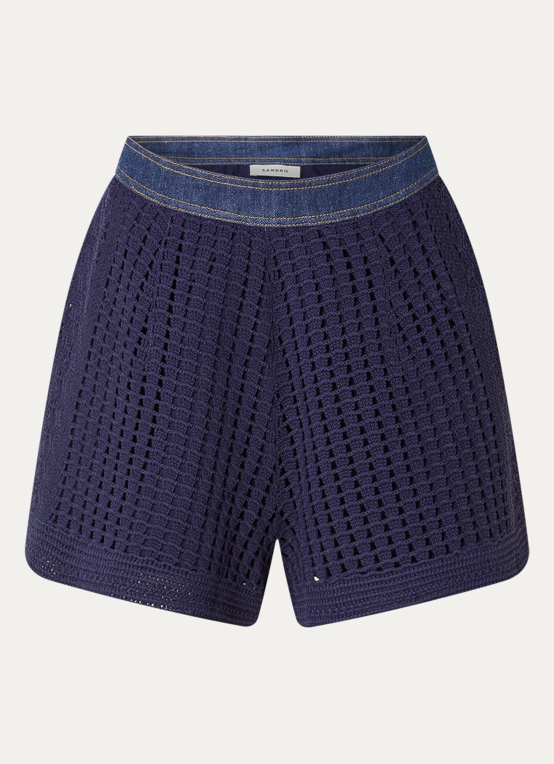 Sandro Mid waist straight fit korte broek van crochet met detail van denim - voorkant 3 donkerblauw