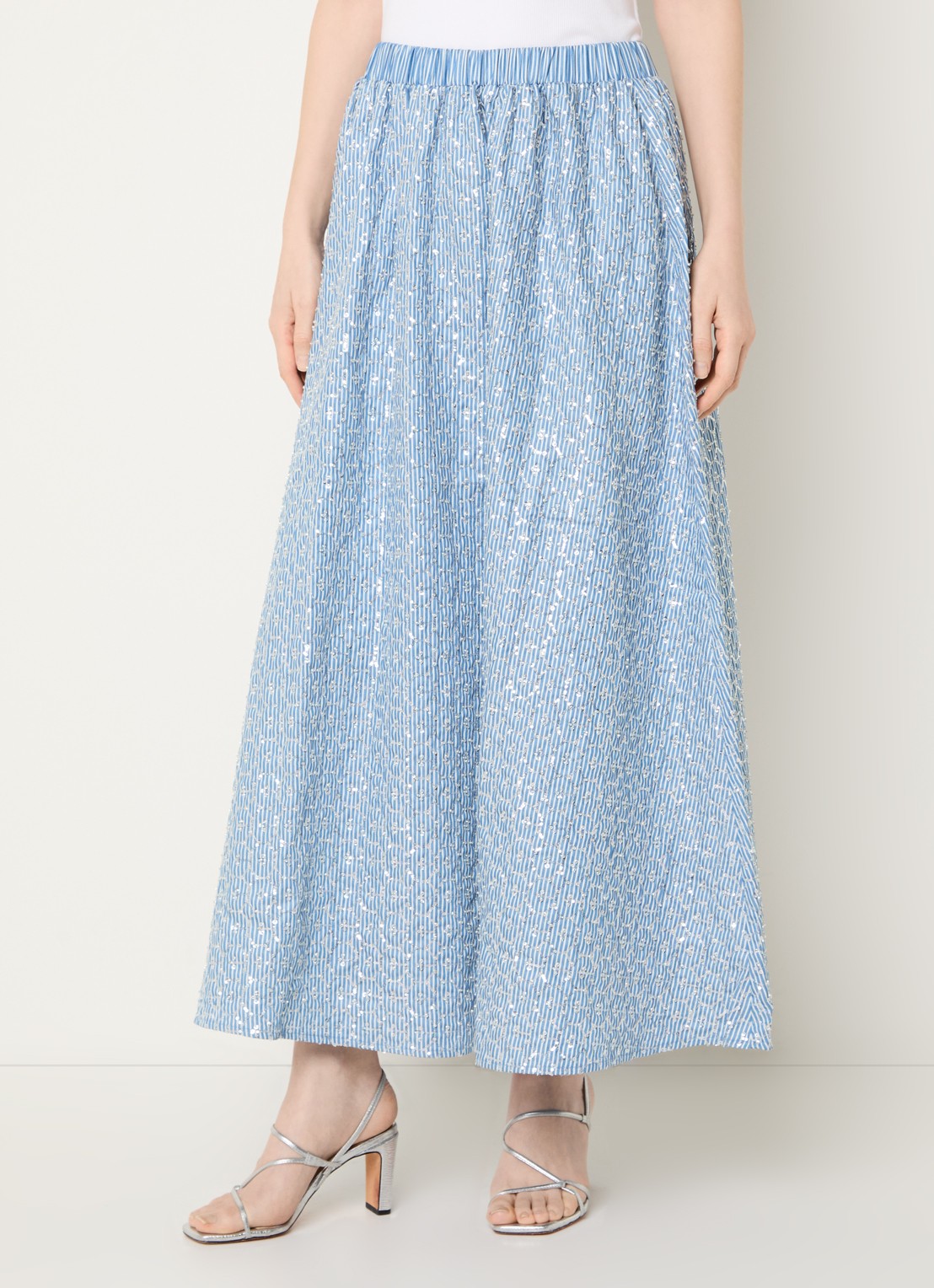 Sandro Midi A-lijn rok met streepprint en strass - detail blauw