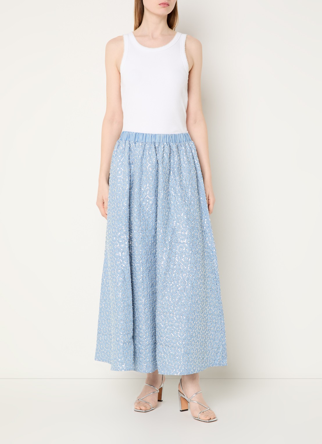 Sandro Midi A-lijn rok met streepprint en strass - voorkant 4 blauw