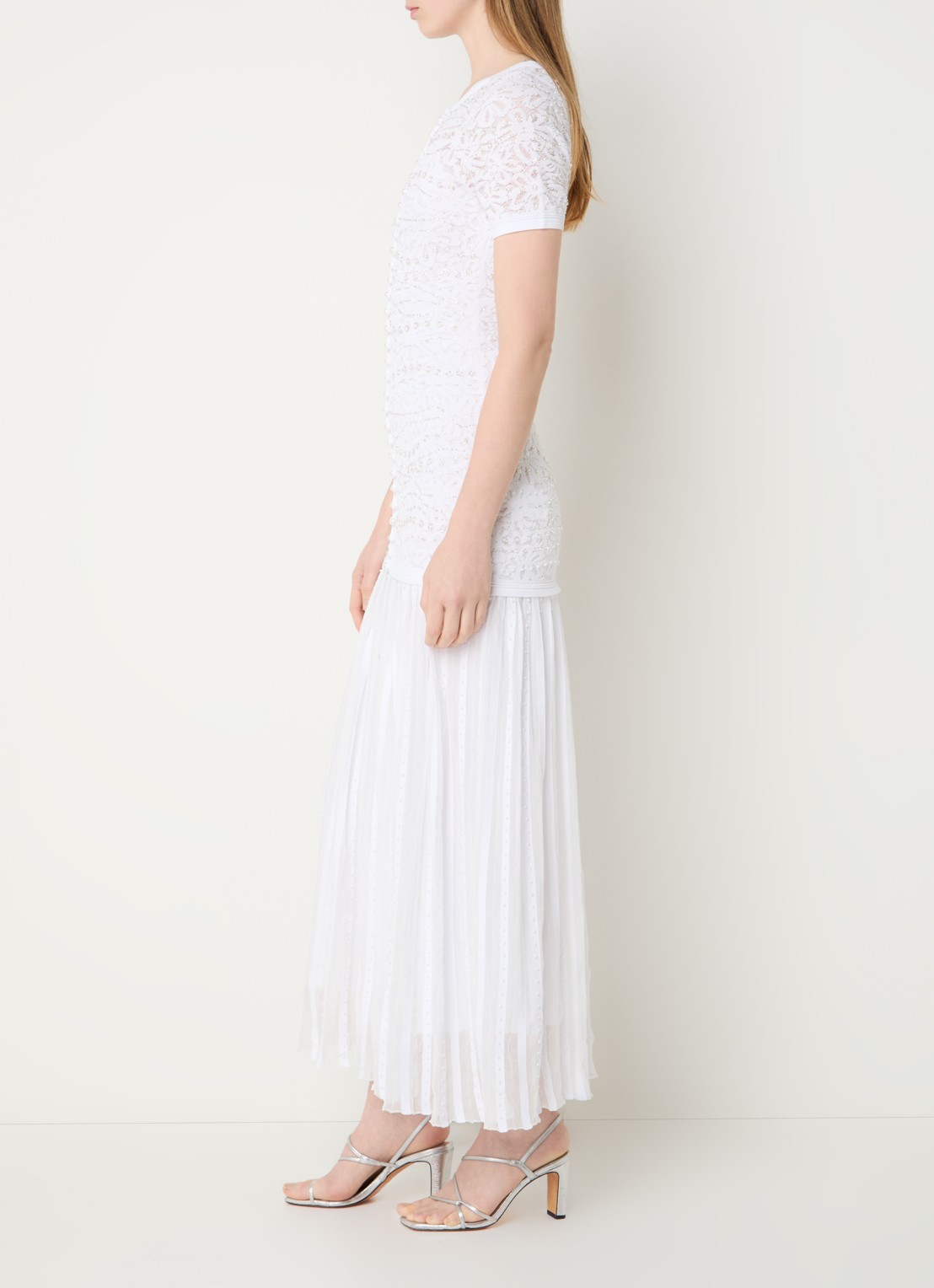 Sandro Midi blousejurk met imitatieparels en broderie - voorkant 3 wit