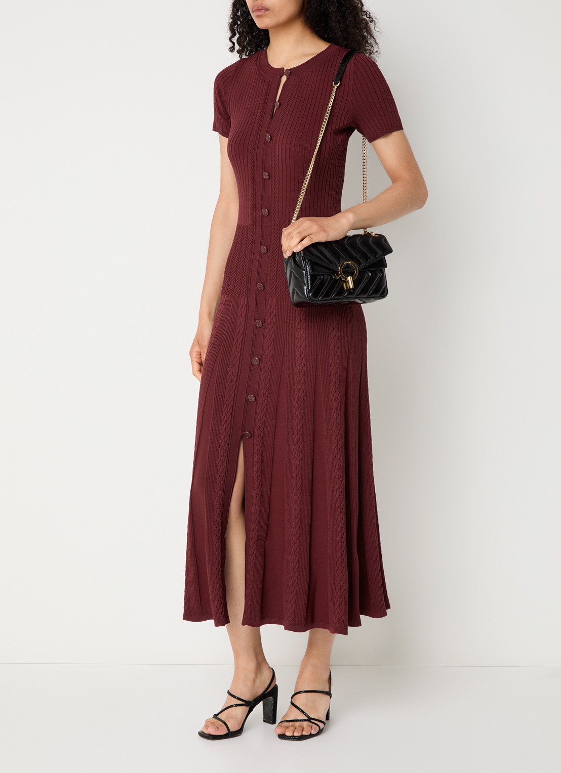 Sandro Midi blousejurk met ribstructuur - detail 4 bordeauxrood