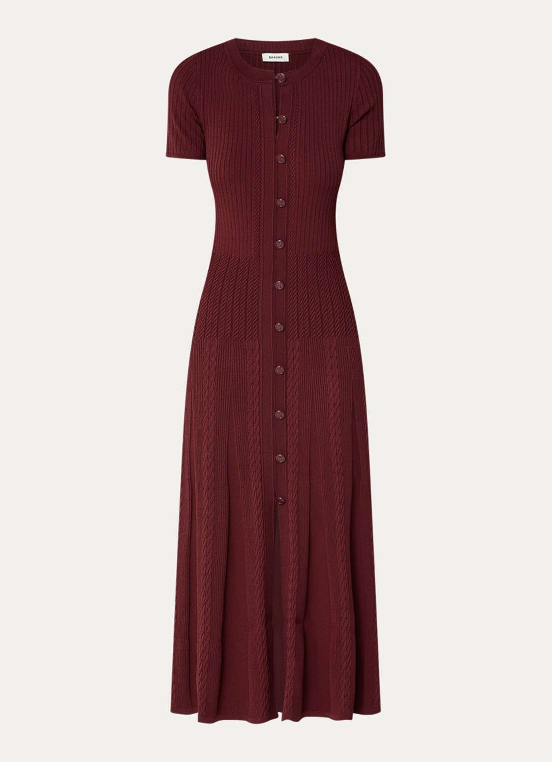 Sandro Midi blousejurk met ribstructuur - voorkant bordeauxrood