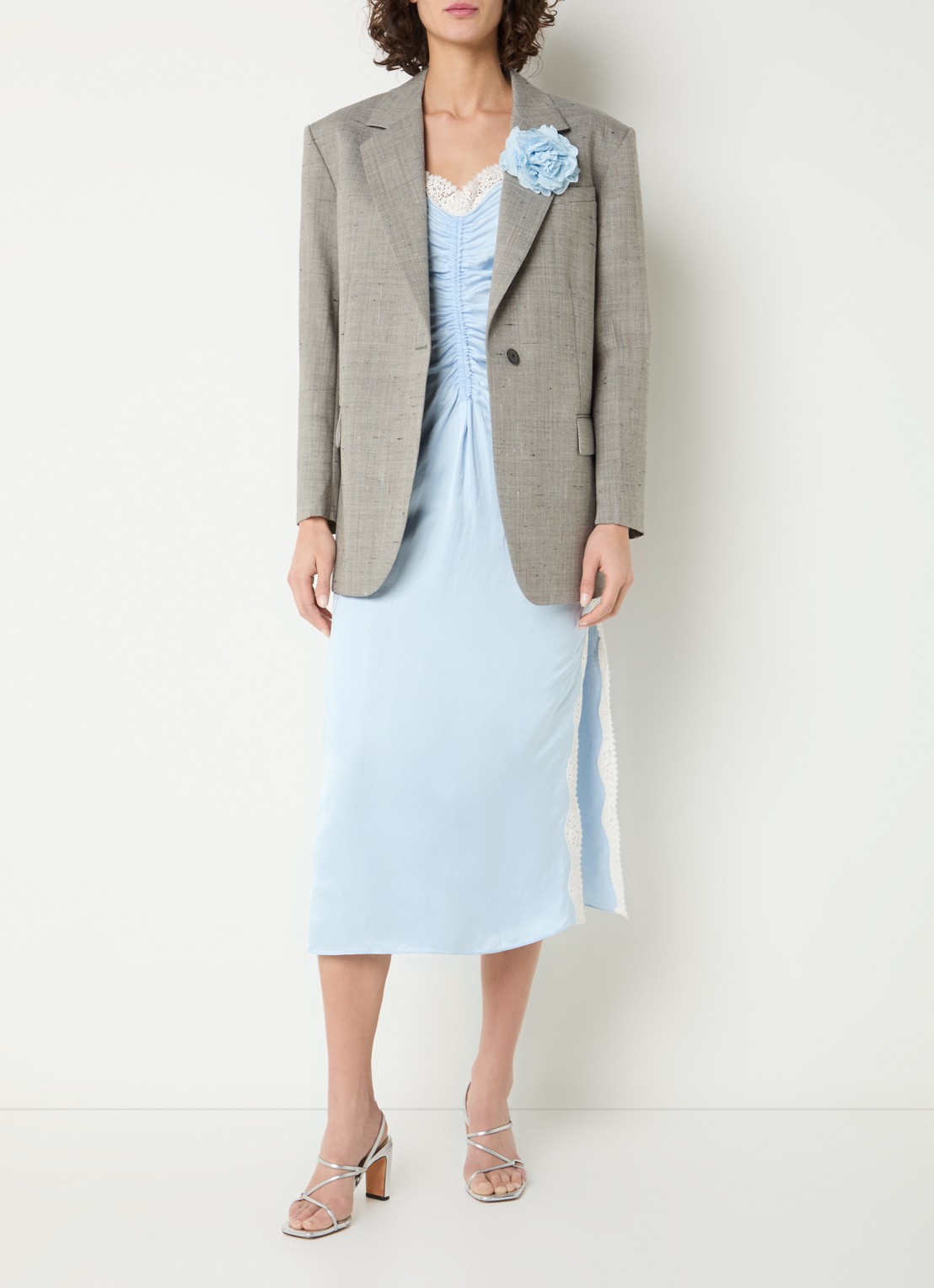 Sandro Midi jurk in linnenblend met details van kant - voorkant 4 lichtblauw