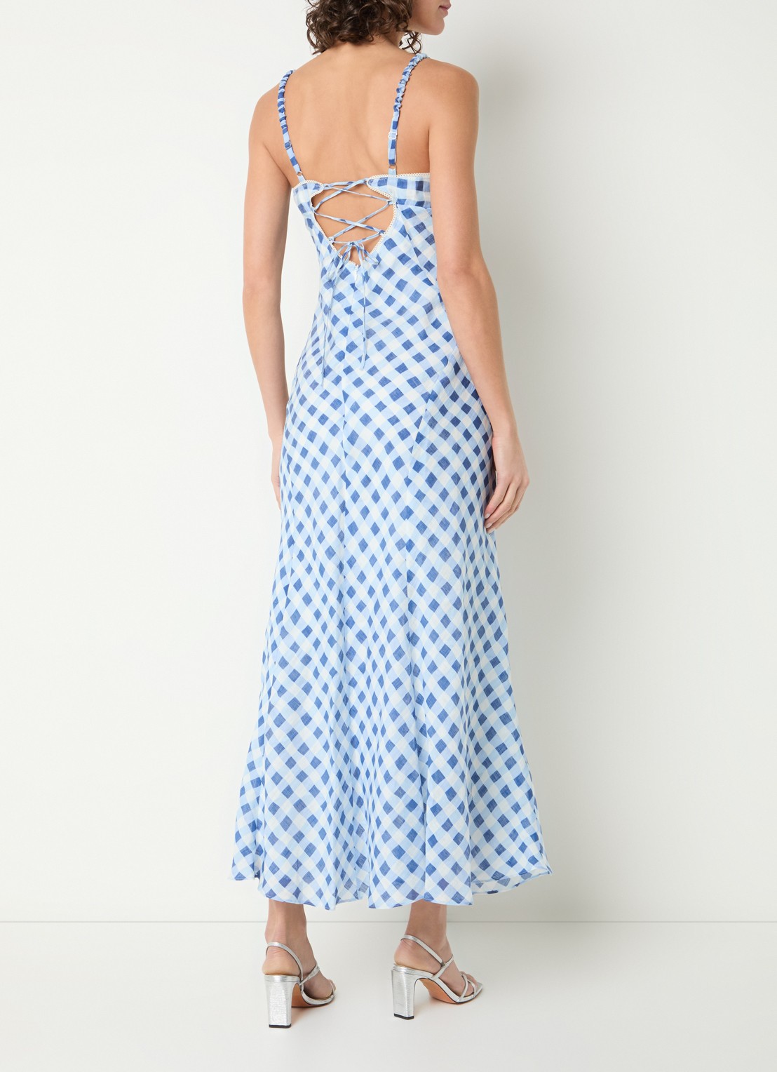 Sandro Midi jurk in linnenblend met ruitdessin en rugdecolleté - achterkant 3 blauw