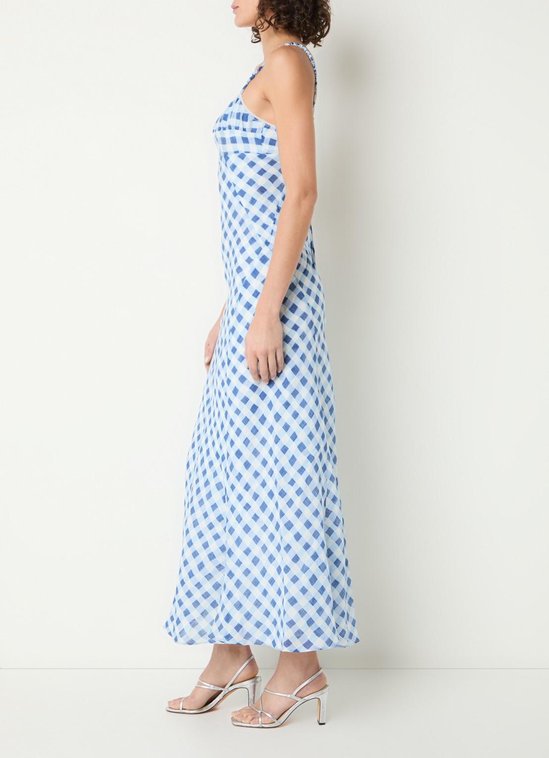 Sandro Midi jurk in linnenblend met ruitdessin en rugdecolleté - voorkant 2 blauw