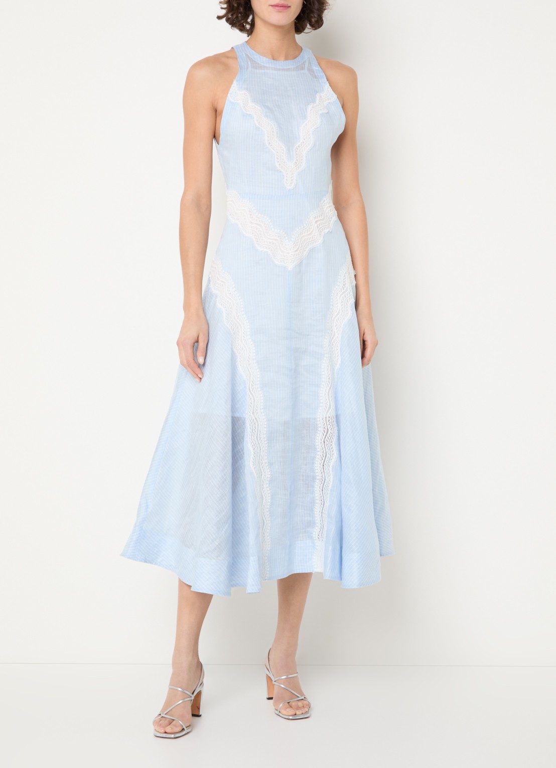 Sandro Midi jurk in linnenblend met streepprint en details van kant - detail 2 lichtblauw