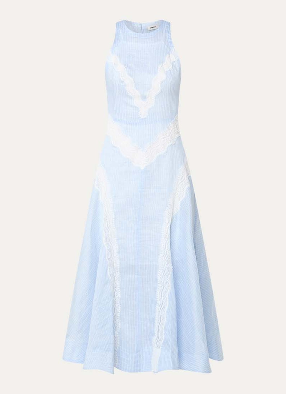 Sandro Midi jurk in linnenblend met streepprint en details van kant - voorkant 3 lichtblauw
