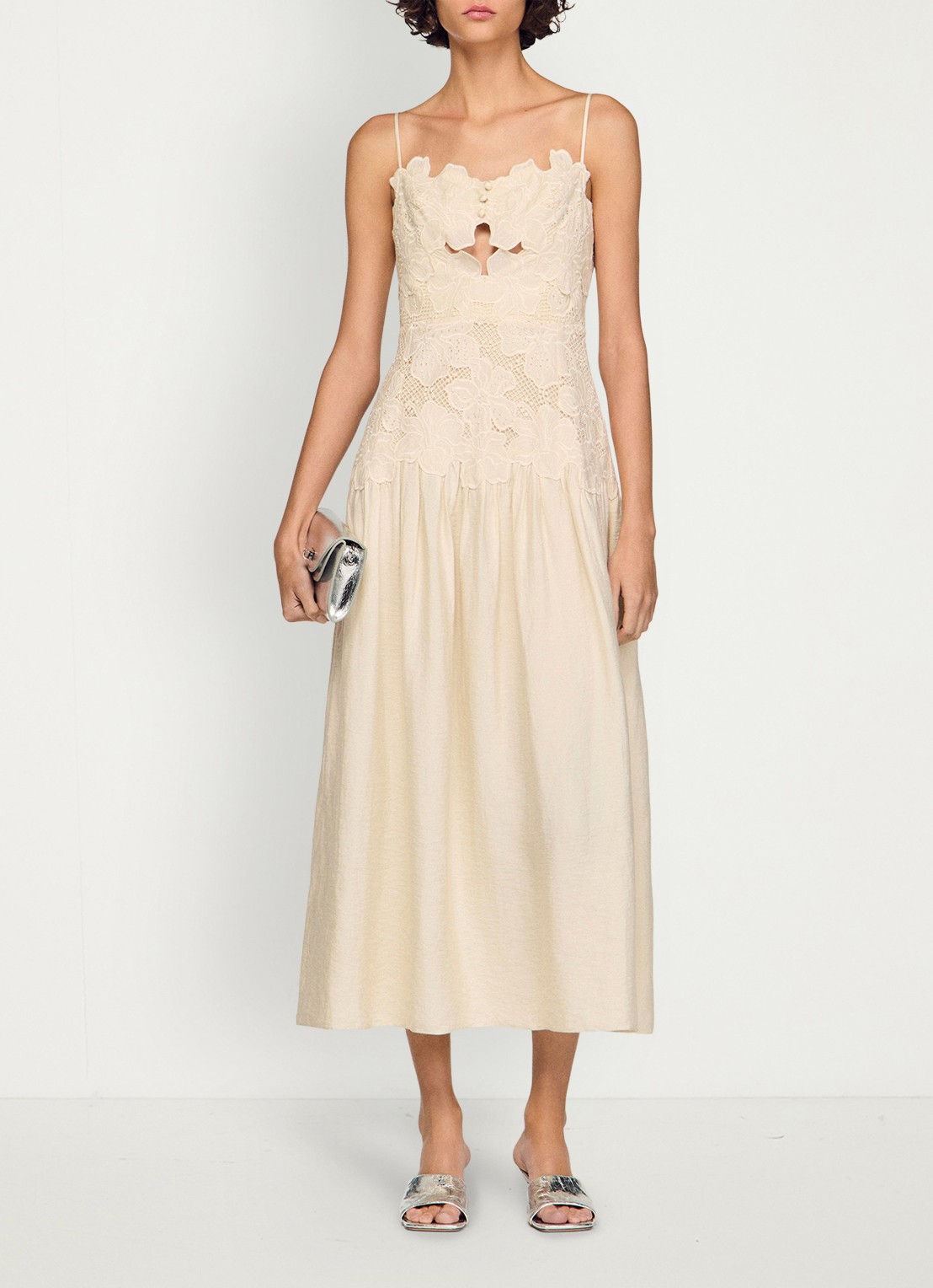 Sandro Midi jurk met bloemborduring - voorkant 6 beige