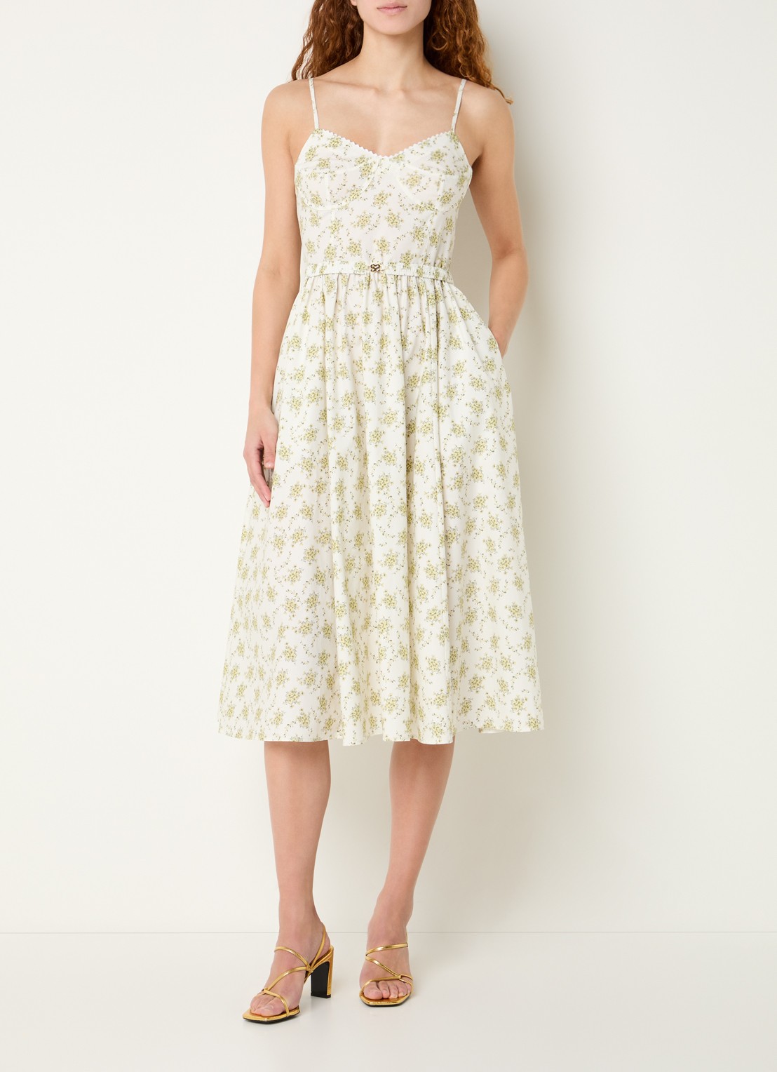 Sandro Midi jurk met bloemenprint en ceintuur - detail 4 gebroken wit
